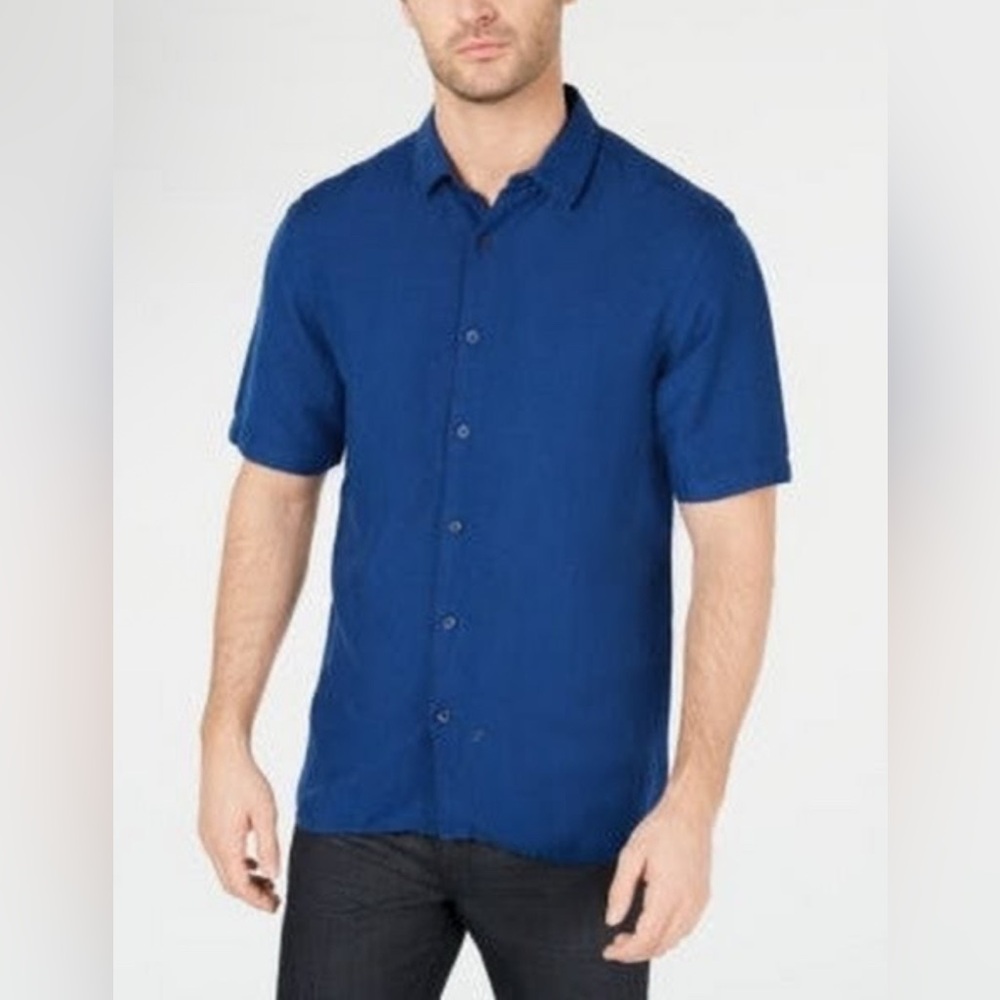 Alfani Men's Linen Blend Deep Blue Casual Button Down Shirt